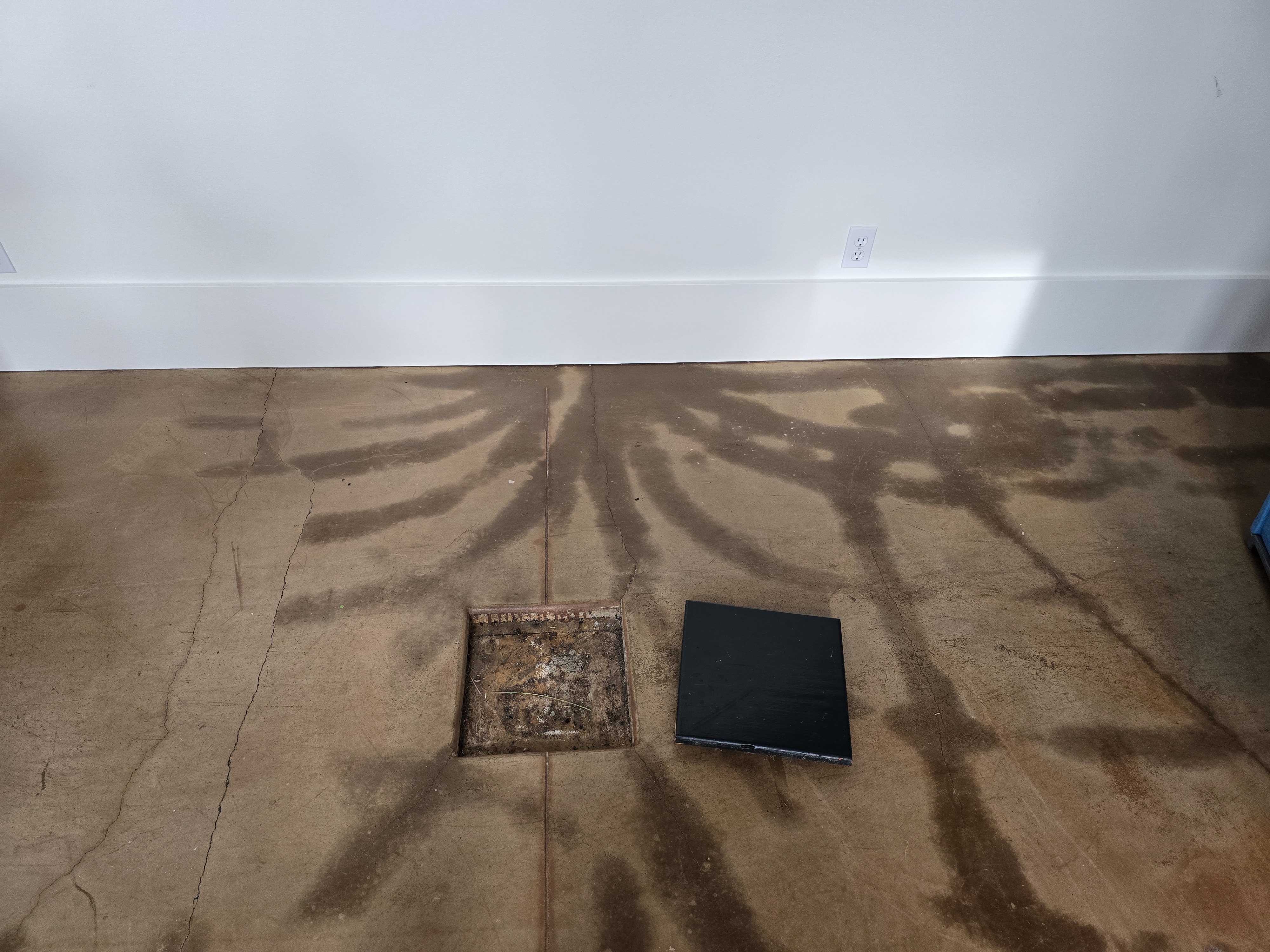 Concrete floor with water damage patterns around floor drain showing sewage backup damage